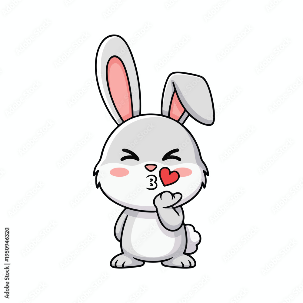 Obraz premium Adorable cartoon bunny with closed eyes blowing a kiss with heart on lips