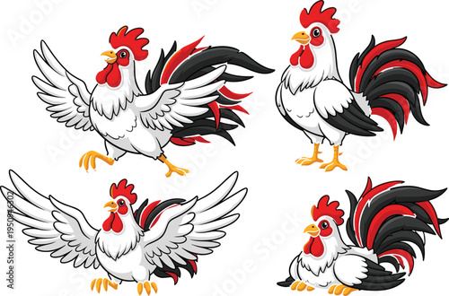 Cartoon Rooster Character Set with White Feathers and Red Comb in Various Poses Including Standing Walking Flying and Sitting Positions