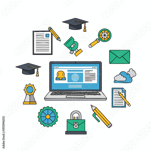 Laptop surrounded by education, work, and communication icons
