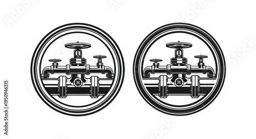 Black and White Vector Emblem of Industrial Pipe Valves