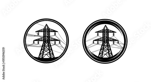 Black and White Icon of Electricity Pylon in Circle, Technology