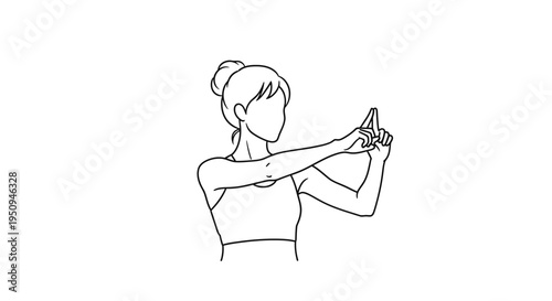Woman stretching wrist and fingers in yoga pose, close-up, white background