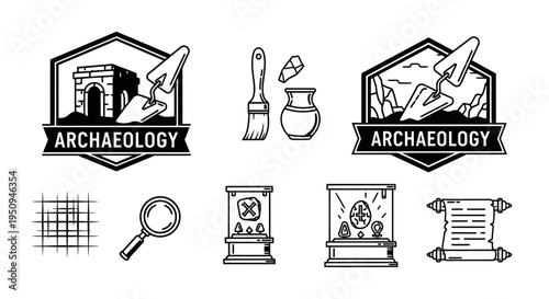 Archaeology Icons: Tools, Artifacts, and Ancient Ruins in Line Art