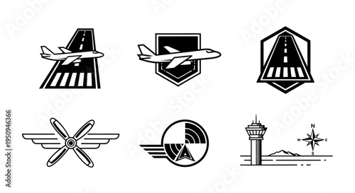 Black and White Aviation Icons Set: Airplane, Runway, Propeller, Control Tower, Compass