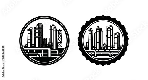 Black and White Vector Icons of Industrial Oil Refinery Plant Facilities