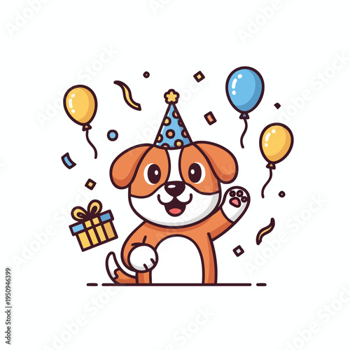 Cheerful cartoon dog in party hat waves amid balloons, confetti, and gift