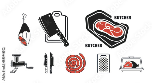 Butcher icons, Meat, Knives, Food Industry Vector Set