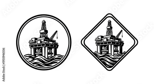 Black and White Line Art Oil Rig in Circle and Diamond Shapes