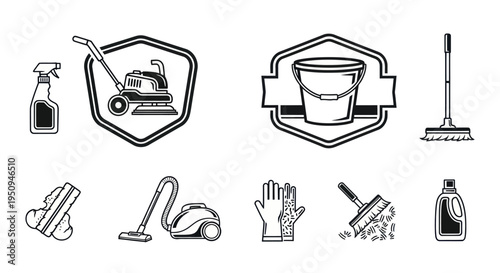 Black and White Line Art Icons of Cleaning Tools and Equipment