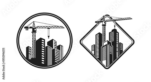 Black and White Construction Crane and Buildings Logo Icon