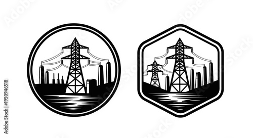 Black and White Power Line Towers and Factory Vector Logo