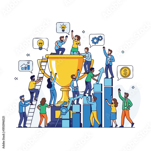 Diverse people collaborate to achieve success, symbolized by a golden trophy, growth chart, and coin