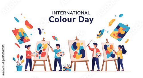 Illustration of people painting colorful artwork on easels celebrating International Colour Day with vibrant designs and vector graphics.
