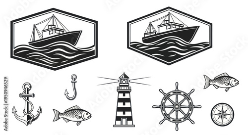 Nautical Vector Icons: Ship, Lighthouse, Anchor, Compass, Fish, Wheel, Hook