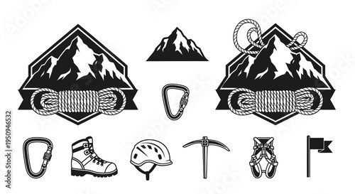 Black and White Climbing Icons and Emblems with Mountains and Gear
