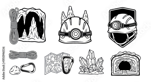 Black and White Line Art Cave Exploration Gear and Elements
