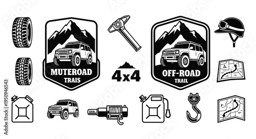 Black and White Off-Road Vehicle Icons and Symbols for Adventure