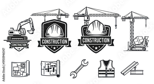 Construction Site Icons: Crane, Excavator, Hard Hat, Blueprint, Wrench, Vest, Steel