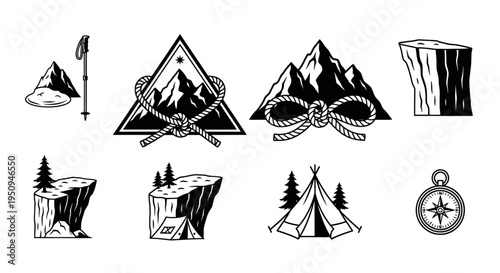 Black and White Vector Icons Set: Mountains, Tent, Compass, Rocks, Trekking Pole