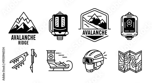 Black  White Line Art Icons of Avalanche Safety Gear and Symbols
