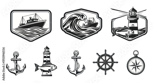Nautical Icons Set: Ships, Lighthouses, Anchors, Compass, Wheel, Fish