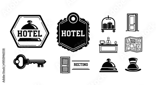 Hotel Icons Set: Bellboy, Key, Door, Reception, Luggage, Map, Black and White Line Art