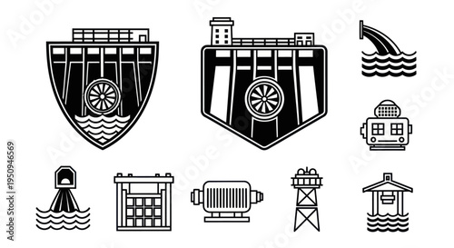 Hydroelectric Dam and Water Power Icons - Black and White Line Art