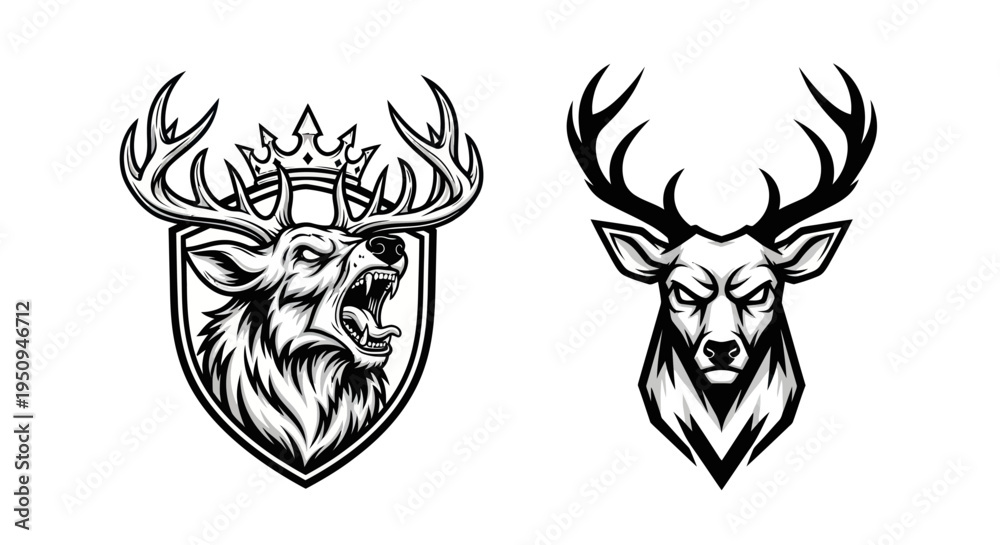 Fototapeta premium Black and White Deer Head Emblem with Crown, Aggressive Pose, Vector Art