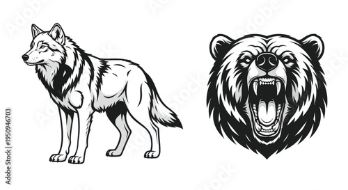 Black and White Line Art of a Wolf and a Growling Bear Head