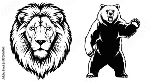 Black and White Line Art Lion Head and Standing Bear Vector