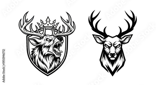 Black and White Deer Head Emblem with Crown, Aggressive Pose, Vector Art