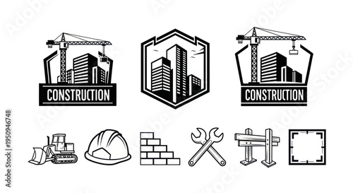 Construction Industry Icons and Logos: Crane, Buildings, Tools, Hard Hat