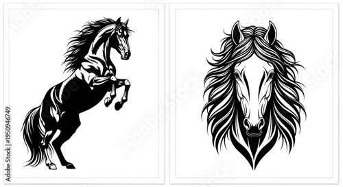 Black and White Vector Art of a Rearing Horse and Horse Head