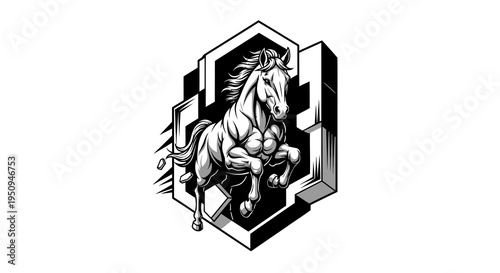 Black and White Horse Vector Art, Emblematic Design, Strong Animal