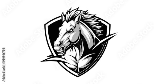 Black and white horse head crest, vector illustration, sports mascot