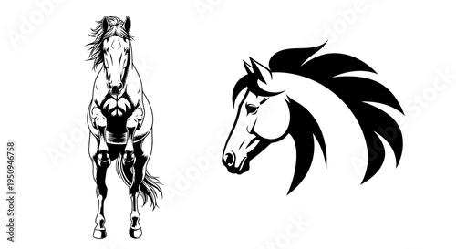 Black and White Horse Illustration - Majestic Equine Art