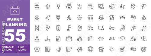 Professional Event Planning & Management Icons. Editable stroke vector icons for corporate and social gatherings. Featuring disco balls, cocktails, guest networking, fireworks, stage equipment