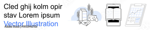 Farming, education, productivity tracking, agricultural learning, dairy, data management. Milk, cheese wheat an open book and a clipboard with data chart icons. Farming and education