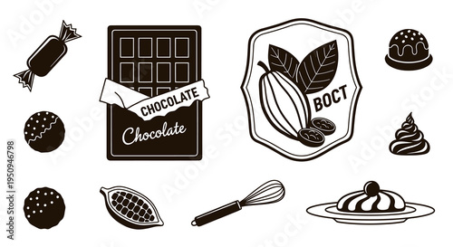 Chocolate Icons Set - Black and White Line Art Vector