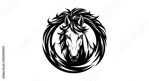 Black and White Horse Head Logo, Emblem, Circular Vector Art