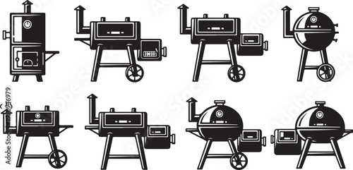 Various styles of smokers and grills with different features and designs. Vector