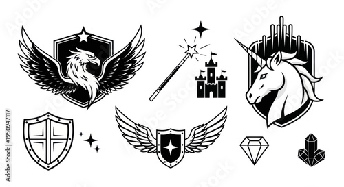 Black and White Fantasy Crests and Icons: Eagle, Unicorn, Castle, Shield