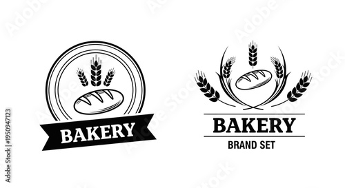 Black and White Bakery Logo with Wheat and Bread, Vector Art