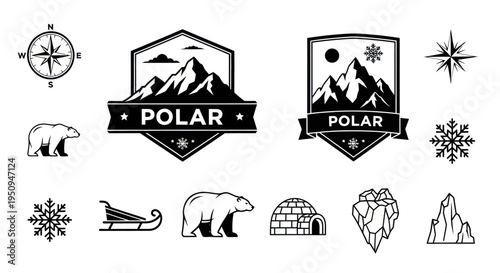 Polar, Arctic, Snow, Ice, Nature Icons: Bear, Sledge, Igloo, Mountains, Compass