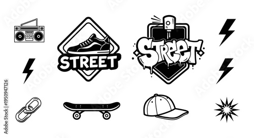 Street Culture Icons: Boombox, Skateboard, Sneakers, Graffiti, Cap