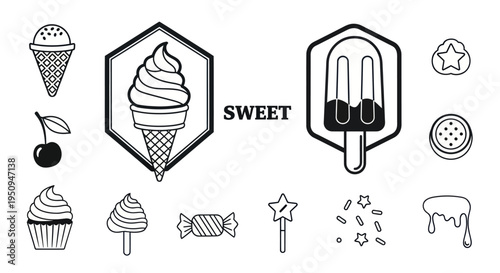 Sweet Ice Cream Popsicle Candy Vector Icons Black and White Line Art