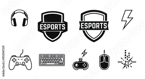 Esports Icons: Headset, Shields, Controller, Keyboard, Mouse, Lightning, Starburst