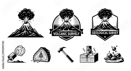 Volcano and geology icons, black and white line art, scientific research