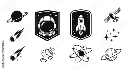 Black and White Space Icons: Planets, Rockets, Astronaut, Satellites, Comets, Atoms