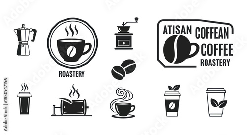 Coffee Roastery Icons Set: Moka Pot, Cup, Grinder, Beans, Vintage Style